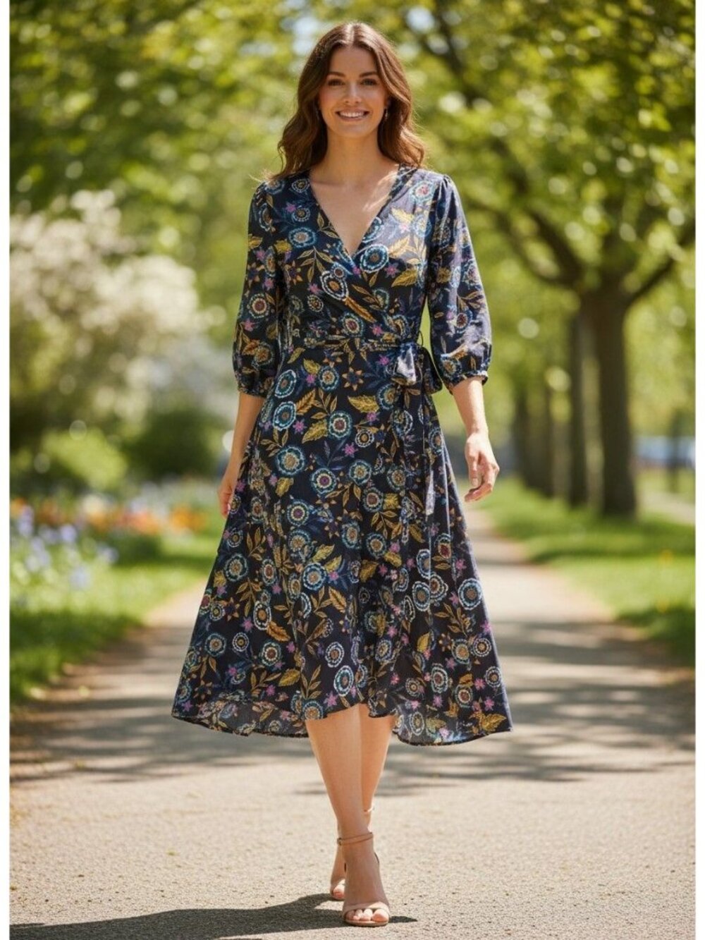 Eliza J Womens Wrap Floral A-Line Dress 18 Navy 3/4 Sleeve Midi Polyester